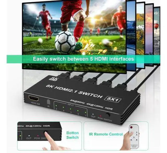 Alt view image 5 of 5 - 8K HDMI Switch 4K 120Hz - 5 in 1 Out HDMI Splitter Switcher 8K@60Hz 4K@120Hz with Remote 3D HDR10+ HDCP 2.3 CEC, Use for PS5/4/3 Xbox DVD Player Fire Stick Roku TV PC Nintendo Switch