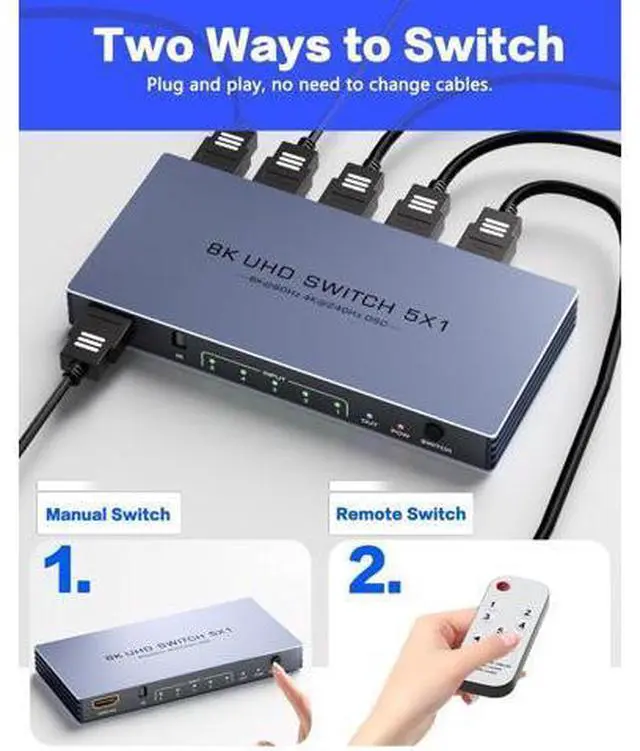 Alt view image 6 of 7 - HDMI Splitter 4K 240Hz - New Upgrade 5 in 1 Out 8K@60Hz 4K@240Hz HDMI Switch with Remote Support 3D/HDR/HDCP2.3, Compatible with PS5/4 Xbox Nintendo Switch Roku Apple TV Fire Stick 8k HDMI2.1 Splitter