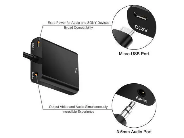 Alt view image 5 of 7 - HDMI to VGA with Audio, Gold-Plated Active HDMI to VGA Adapter (Male to Female) with Micro USB Power Cable & 3.5mm Audio Cable for PS4, MacBook Pro, Mac Mini, Apple TV and More - Black 2pack