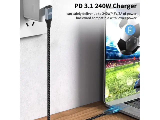 Alt view image 2 of 6 - USB C 90 Degree Cable 6.6 ft, 240W Fast Charging PD 3.1 Type C to Type C Cable Short Braided 3A 90 Degree Up Down Angle USB C Cable for iPad Pro Galaxy Air MacBook