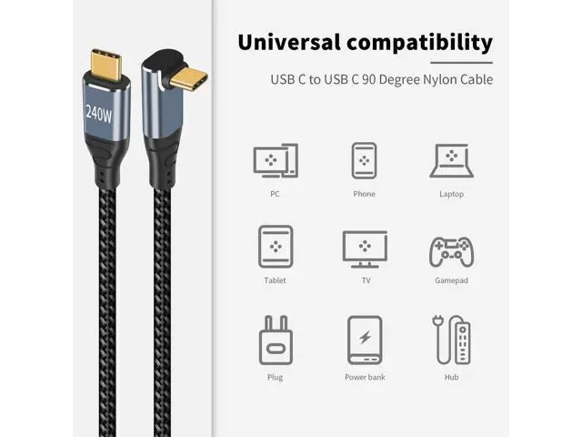 Alt view image 6 of 6 - USB C 90 Degree Cable 6.6 ft, 240W Fast Charging PD 3.1 Type C to Type C Cable Short Braided 3A 90 Degree Up Down Angle USB C Cable for iPad Pro Galaxy Air MacBook