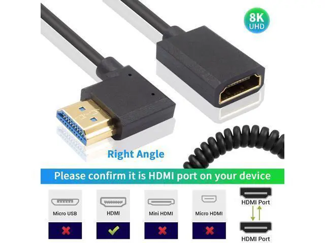 Alt view image 3 of 7 - 8K HDMI to HDMI Extender Cable, 48Gbps Right Angle HDMI Male to Female Coiled Cable for MacBook Pro, PS5, Xbox Series X, Roku TV, UHD TV, Blu-ray, 4FT/1.2M