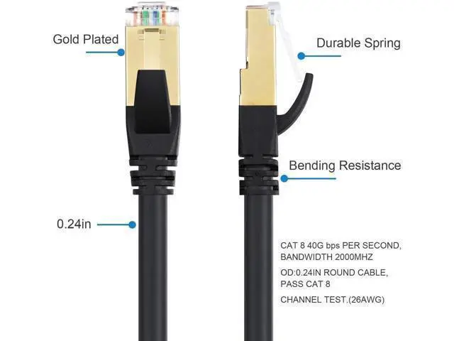 Alt view image 2 of 7 - Cat 8 Ethernet Cable, 26AWG Lastest 40Gbps 2000Mhz , Heavy Duty High Speed Cat8 LAN Network RJ45 Cable in Wall, Outdoor, Weatherproof Rated for Router, Modem, Gaming - 10 ft.