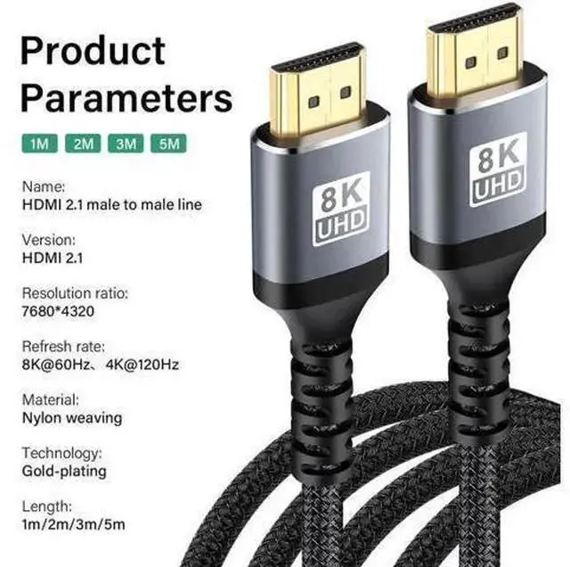 Alt view image 2 of 7 - 8K HDMI Cables - 10ft, Nylon Braid (8K@60Hz 7680x4320, 4K@120Hz) HDMI To HDMI 2.1 Male Audio video Cable 48Gbps For Laptop PC Computer Monitor Camera HDTV - Support eARC HDR10 HDCP 2.2 & 2.3