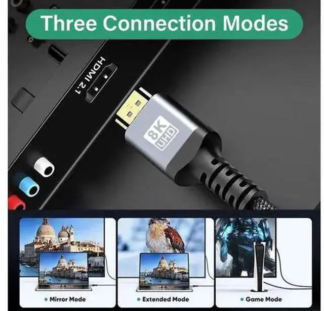 Alt view image 4 of 7 - 8K HDMI Cables - 10ft, Nylon Braid (8K@60Hz 7680x4320, 4K@120Hz) HDMI To HDMI 2.1 Male Audio video Cable 48Gbps For Laptop PC Computer Monitor Camera HDTV - Support eARC HDR10 HDCP 2.2 & 2.3