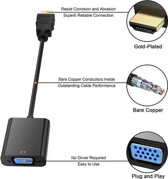 Alt view image 2 of 7 - DIXSG 2Pcs HDMI to VGA, Gold-Plated HDMI to VGA Adapter (Male to Female) for Computer, Desktop, Laptop, PC, Monitor, Projector, HDTV, Chromebook, Raspberry Pi, Roku, and More - Black
