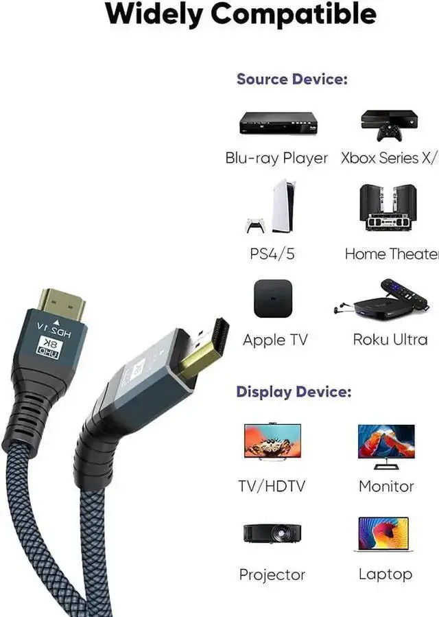 Alt view image 4 of 7 - New 8K HDMI-compatible Cable, 48Gbps 8K & 4K Ultra High Speed Cords(8K@60Hz 7680x4320, 4K@120Hz) HDR10 HDCP 2.2 & 2.3 3D, Compatible for //X-Box/Roku TV/HDTV/Blu-ray, 6.6 ft, 1-Pack