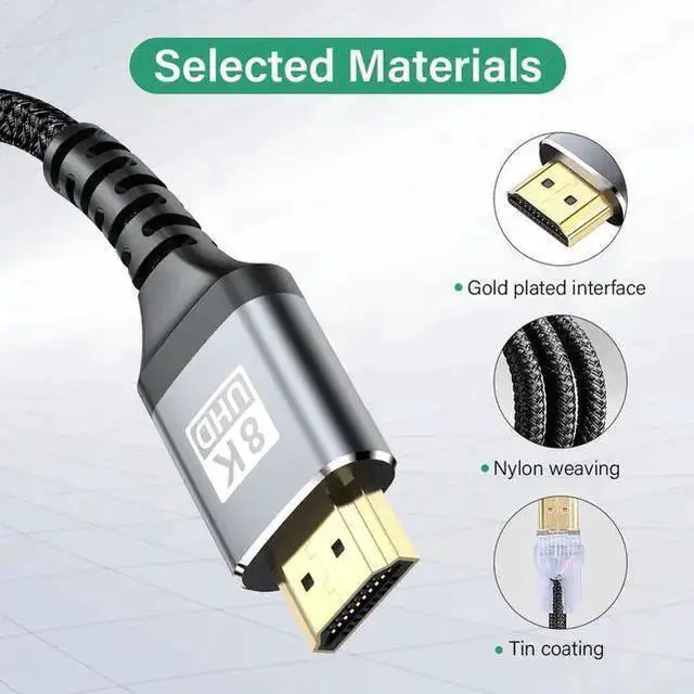 Alt view image 3 of 7 - DIXSG 8K HDMI Cables - 6.6ft, Nylon Braid (8K@60Hz 7680x4320, 4K@120Hz) HDMI To HDMI 2.1 Male Audio video Cable 48Gbps For Laptop PC Computer Monitor Camera HDTV - Support eARC HDR10 HDCP 2.2 & 2.3