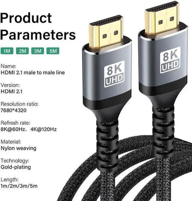 Alt view image 6 of 7 - DIXSG 8K HDMI Cables - 6.6ft, Nylon Braid (8K@60Hz 7680x4320, 4K@120Hz) HDMI To HDMI 2.1 Male Audio video Cable 48Gbps For Laptop PC Computer Monitor Camera HDTV - Support eARC HDR10 HDCP 2.2 & 2.3