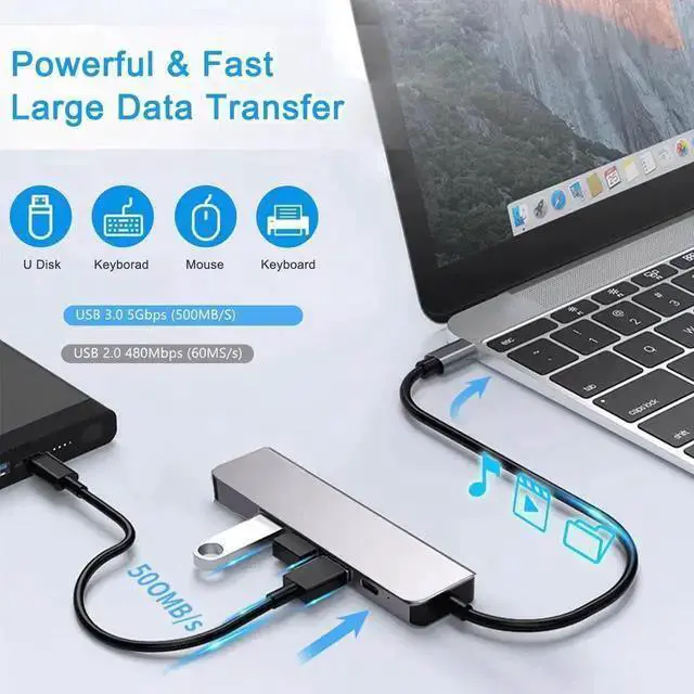 Alt view image 2 of 7 - USB C Hub, 5 in 1 USB C Multiport Adapter 4K HDMI, 100W PD, 3 USB-A Data Ports, USB C Dongle for Pro/Air, Pro, iMac, 15 Pro/Pro Max,XPS