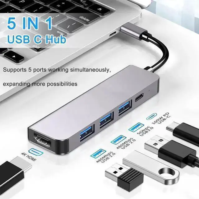 Main image of USB C Hub, 5 in 1 USB C Multiport Adapter 4K HDMI, 100W PD, 3 USB-A Data Ports, USB C Dongle for Pro/Air, Pro, iMac, 15 Pro/Pro Max,XPS