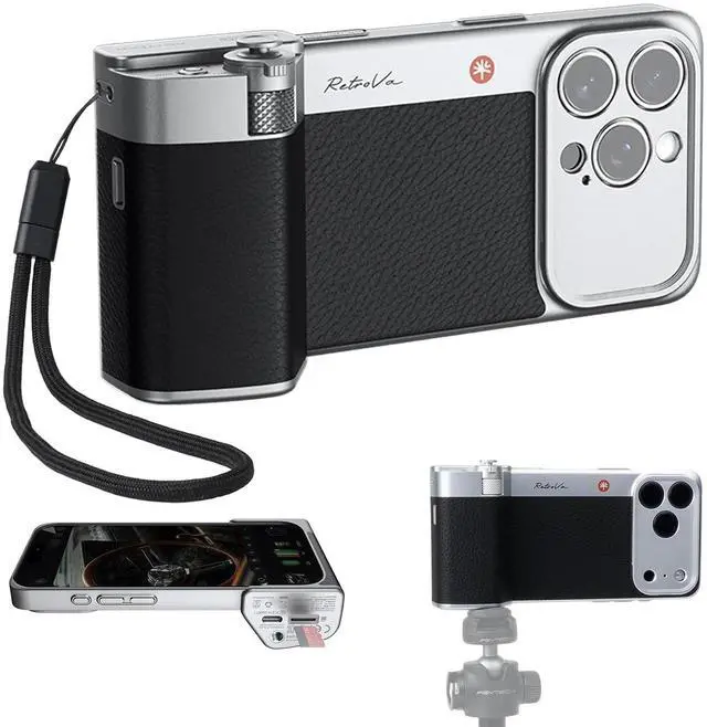 Main image of RetroVa Grip Kit for iPhone 16 Pro, Vintage Leather Camera Case with Physical Controls, External microSD Recording, Bluetooth Remote, Retro Phone Grip for Everyday Creators & Vintage Lovers