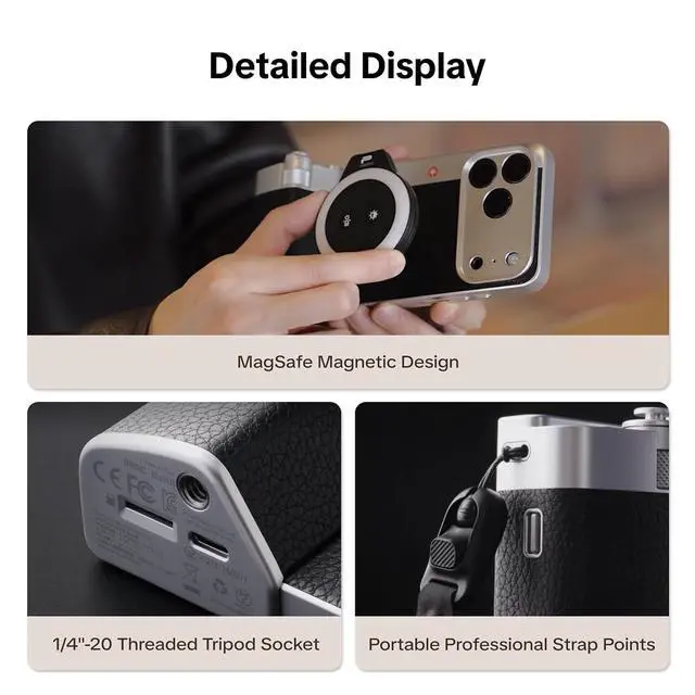 Alt view image 6 of 7 - RetroVa Grip Kit for iPhone 16 Pro, Vintage Leather Camera Case with Physical Controls, External microSD Recording, Bluetooth Remote, Retro Phone Grip for Everyday Creators & Vintage Lovers