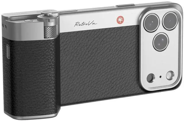 Main image of RetroVa Grip Kit for iPhone 17 Pro Max, Vintage Leather-Style Phone Case with Camera Grip, External microSD Recording, Bluetooth Remote Control for Photography/Vlogging/Travel