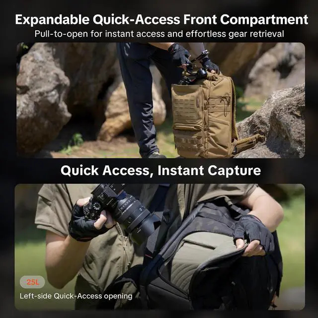 Alt view image 3 of 7 - OneMo TAC 25L Tactical Camera Backpack, Waterproof DSLR/SLR/Mirrorless Photography Camera Bag with 15.6" Laptop Sleeve, Tripod Holder & Rain Cover (Wolf Brown)