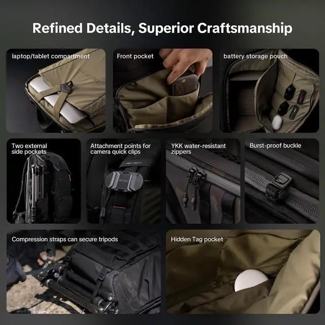 Alt view image 6 of 7 - OneMo TAC 25L Tactical Camera Backpack, Waterproof DSLR/SLR/Mirrorless Photography Camera Bag with 15.6" Laptop Sleeve, Tripod Holder & Rain Cover (Wolf Brown)