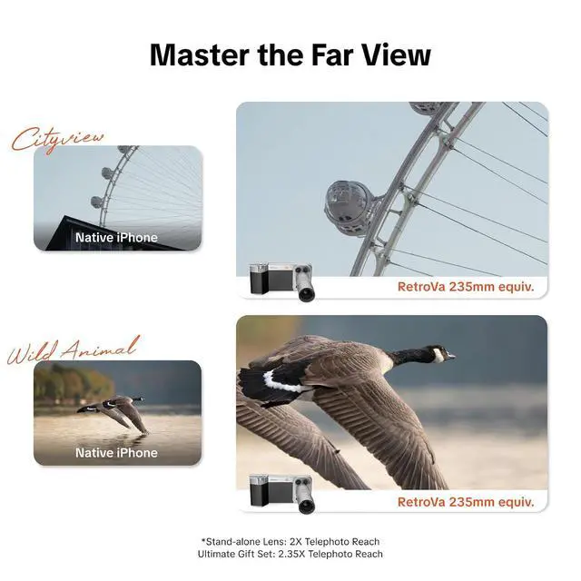 Alt view image 4 of 7 - RetroVa All-in-one Ultimate Gift Set for iPhone 17 Pro Max, 2.35X Telephoto Lens & Vintage Grip Kit, External Recording, Bluetooth Remote, Retro Phone Case for Wildlife & Sports Photographers