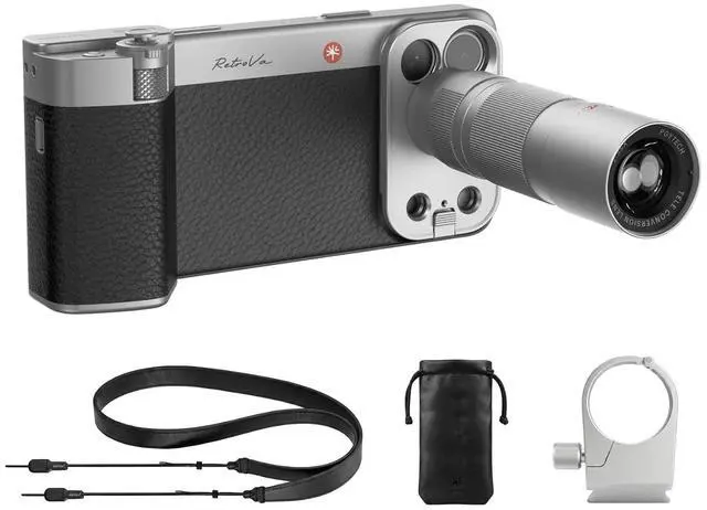 Main image of RetroVa All-in-one Ultimate Gift Set for iPhone 17 Pro Max, 2.35X Telephoto Lens & Vintage Grip Kit, External Recording, Bluetooth Remote, Retro Phone Case for Wildlife & Sports Photographers