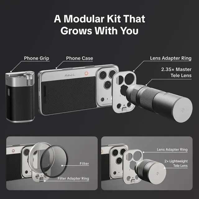 Alt view image 3 of 7 - RetroVa All-in-one Ultimate Gift Set for iPhone 17 Pro Max, 2.35X Telephoto Lens & Vintage Grip Kit, External Recording, Bluetooth Remote, Retro Phone Case for Wildlife & Sports Photographers