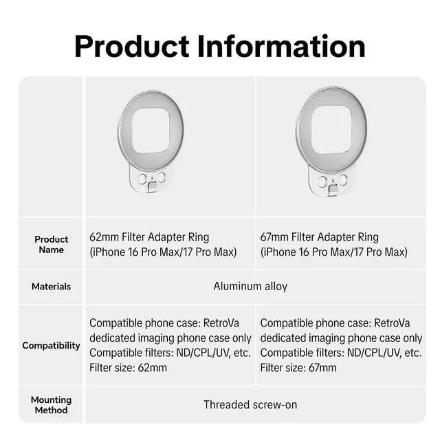 Alt view image 4 of 5 - 67mm Phone Lens Filter Adapter Ring for iPhone 17 Pro Max, Clip-On Mount for 67mm Filters for Mobile Photography (No Filters)