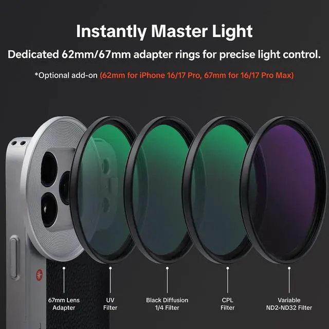 Alt view image 3 of 5 - 62mm Phone Lens Filter Adapter Ring for iPhone 17 Pro, Clip-On Mount for 62mm Filters for Mobile Photography (No Filters)
