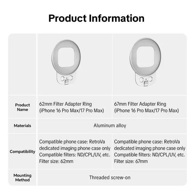 Alt view image 4 of 5 - 62mm Phone Lens Filter Adapter Ring for iPhone 17 Pro, Clip-On Mount for 62mm Filters for Mobile Photography (No Filters)