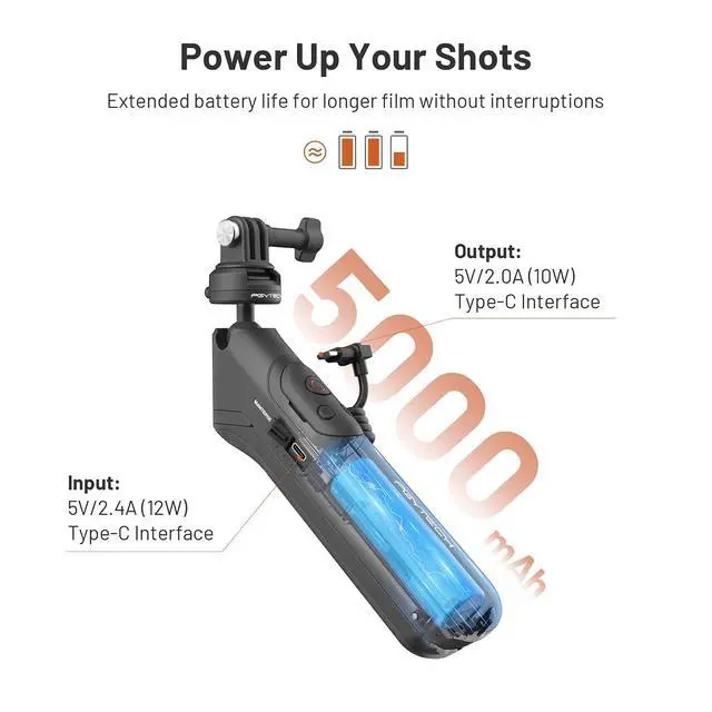 Alt view image 2 of 7 - CapLock MantisPod Power for Insta360, 5000mAh Battery Grip Handle Mount, Quick Release Charging Selfie Stick & Remote Control, Vlog Attachment Tripod Monopod Bank for Insta360 X5/4, Phone
