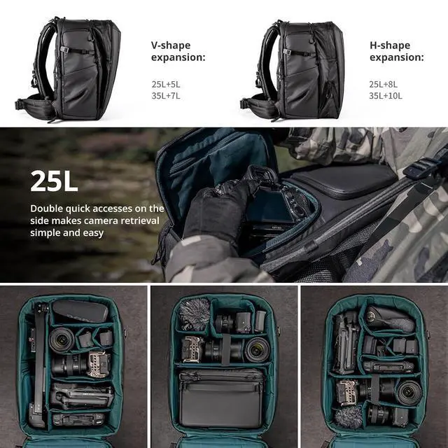Alt view image 2 of 7 - OneMo 2 25L-33L Camera Backpack with Shoulder Bag+Tech Accessories Pouch+Wash Pouch Hanging Toiletry Bag