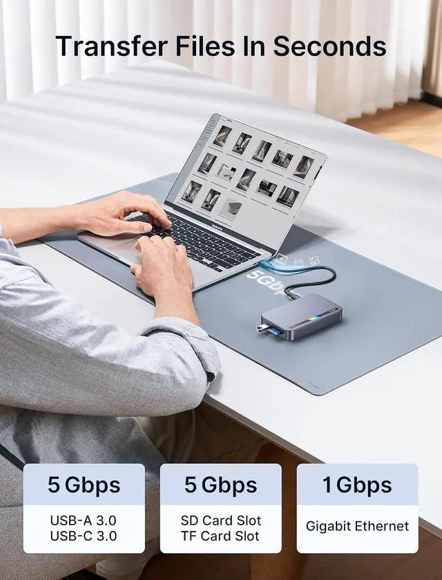 Alt view image 6 of 7 - Laptop USB C Docking Station, 10 in 1 USB C Hub with 4K@60hz HDMI, 100W PD, USB A&C 3.0, 1000Mbps Ethernet, SD/TF, Audio for HP/MacBook/Dell/Lenovo etc