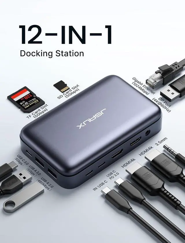 Alt view image 2 of 7 - 12 in 1 USB C Docking Station 3 Monitors for MacBook/Dell/HP/Lenovo/Steam Deck/Portable Monitor, Laptop Docking Station with 4K DP, 4K HDMI*2, 100W PD, USB 3.0, 1000Mbps Ethernet, SD/TF