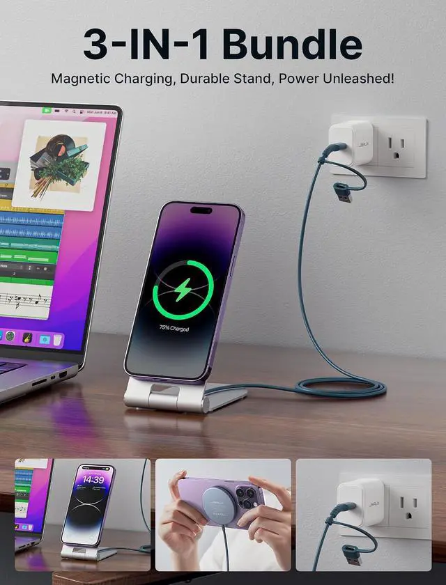Alt view image 3 of 7 - Magnetic Wireless Charger Compatible with MagSafe Charger iPhone 16/15/14/13/12 Series, Wireless Mag Safe Charging Pad (Blue) with 20W PD Adapter and Desktop Stand