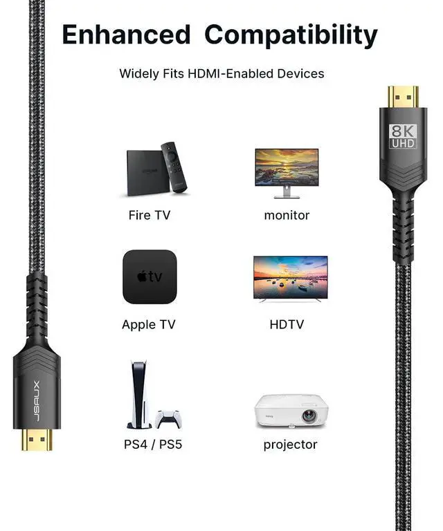 Alt view image 6 of 7 - 8K HDMI Cable 2.1 2 Pack 15ft, 48Gbps Ultra High Speed HDMI Cable Braided Cord (4K@144Hz, 4K@120Hz, 8K@60Hz) HDCP 2.2&2.3 HDR 10 eARC ARC, Compatible with Switch 2/PS5/Laptop/Monitor/HDTV/-Black