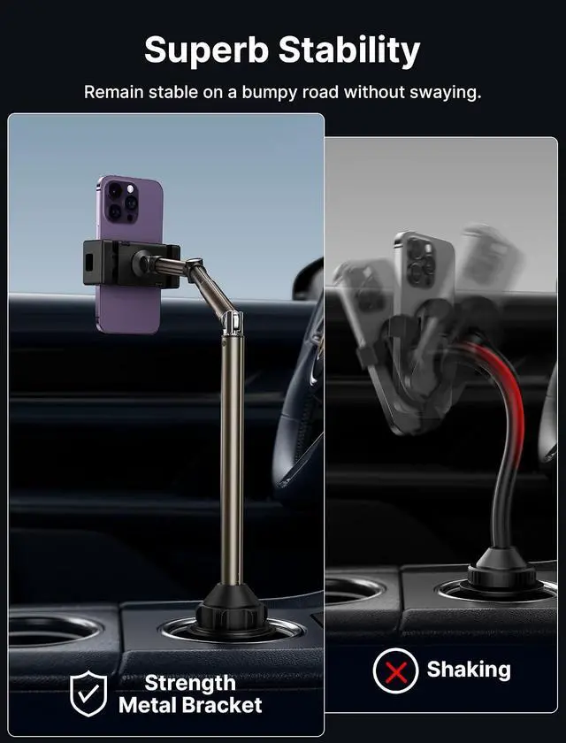 Alt view image 6 of 7 - Car Cup Holder Cellphone Mount, Metal Long-Arm Ultra Stable Phone Holder for Car Cupholders - Adjustable for iPhone 16 15 Pro Max 13 12 11, Samsung Galaxy S24 S23 Ultra, Google Pixel 9 Pro