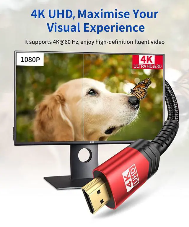 Alt view image 2 of 7 - 4K Long HDMI Cable 2 Pack 15ft, 18Gbps High Speed HDMI 2.0 Braided Cord, 4K 60Hz HDR, 2K 1440P 144Hz, 1080p, HDCP 2.2, 3D, ARC, Ethernet Compatible with Monitor Smart TV PC PS5 PS4 Blu-ray -Red