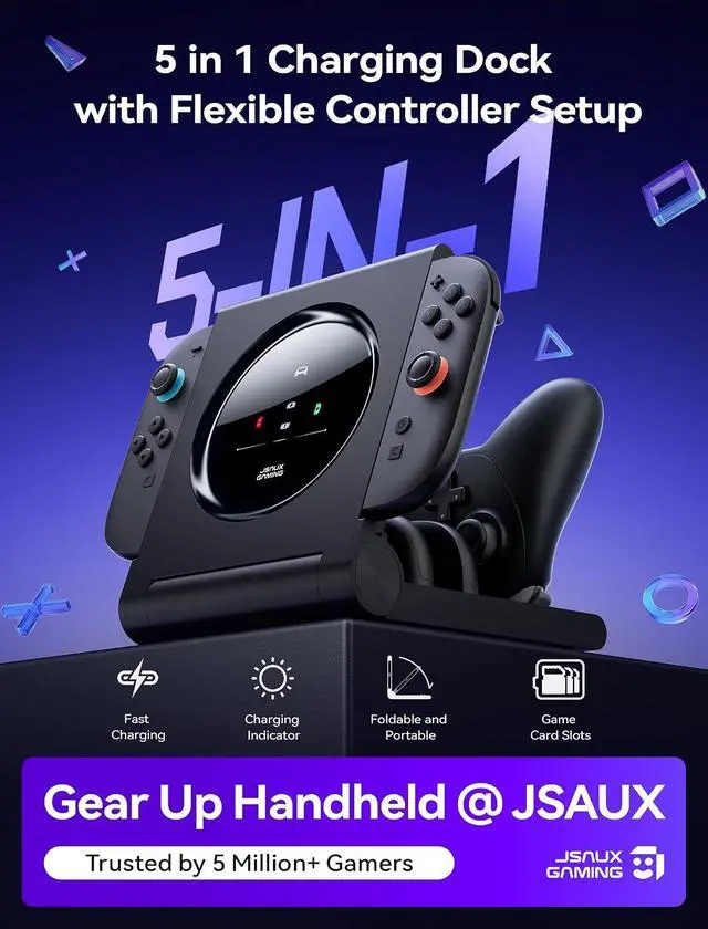 Alt view image 2 of 7 - 5 in 1 Charging Dock for Switch 2 Pro Controller & Switch 1/2 Joypad, Foldable for Easy Storage, Durable PC+ABS Material, LED Indicators, Holds 4 Game Cards & 4 SD Cards, Includes 1.5m Cable