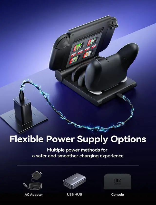 Alt view image 6 of 7 - 5 in 1 Charging Dock for Switch 2 Pro Controller & Switch 1/2 Joypad, Foldable for Easy Storage, Durable PC+ABS Material, LED Indicators, Holds 4 Game Cards & 4 SD Cards, Includes 1.5m Cable
