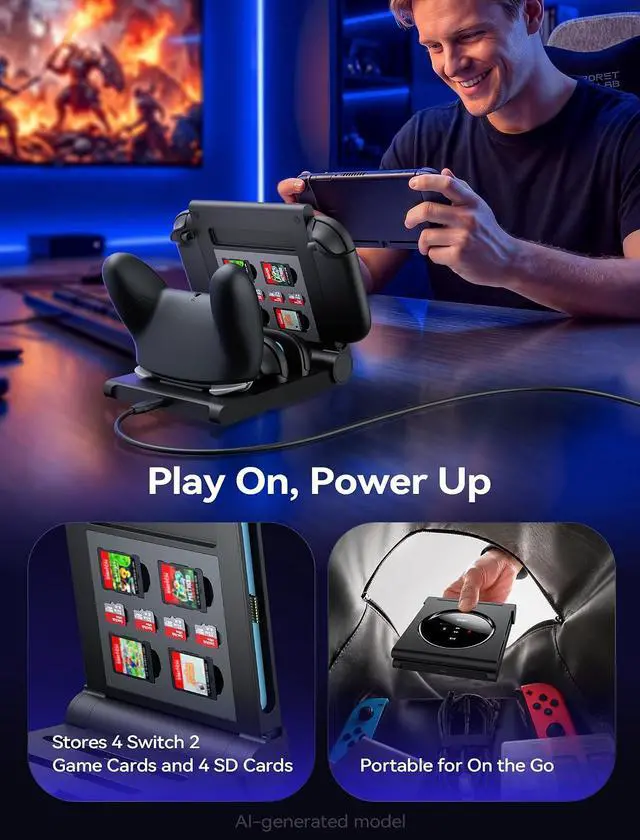 Alt view image 7 of 7 - 5 in 1 Charging Dock for Switch 2 Pro Controller & Switch 1/2 Joypad, Foldable for Easy Storage, Durable PC+ABS Material, LED Indicators, Holds 4 Game Cards & 4 SD Cards, Includes 1.5m Cable