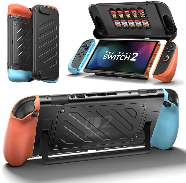 Main image of Split Protective Case for Nitendo Switch 2, TPU Middle Frame & PC Front Cover, Non-Slip Ergonomic Grip, Storage for 10 Game Cards, Supports Stand Use-PC0114(Blue & Orange)