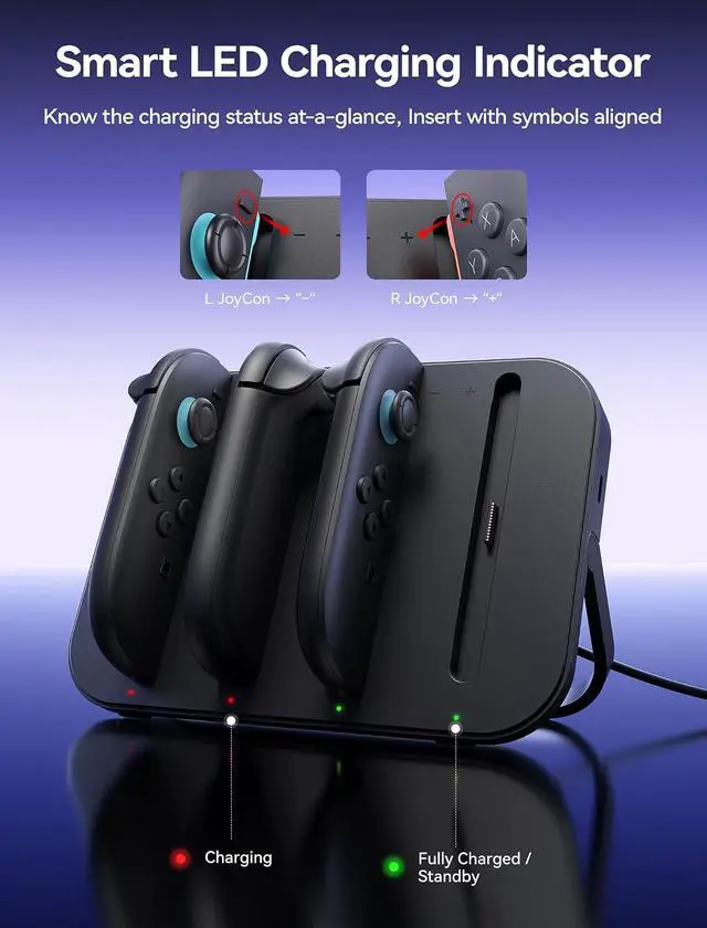 Alt view image 3 of 7 - Controller Charger for Nintendo Switch 2 Joycon, 4-in-1 Magnetic Charging Dock with Adjustable Stand & LED Indicator, Switch 2 Joycon Charger Station with 4.9FT USB C Cable