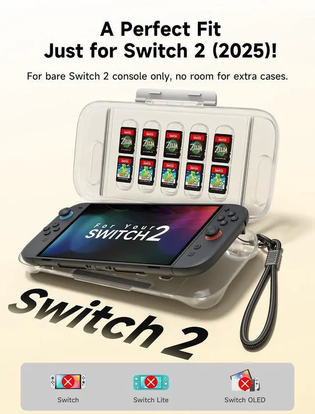 Alt view image 4 of 7 - Protective Case for Nintendo Switch 2 (2025), Hard Carrying Shell, Slim & Portable, Dustproof, Built-in 10 Game Card Slot, Travel-Carry, Full Protection Cover Translucent Clear PC0116