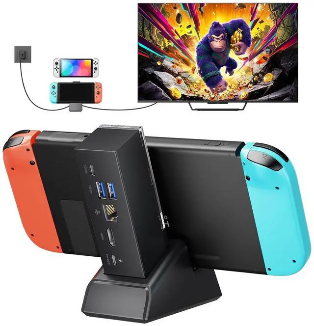Main image of Docking Station for Switch, 7-in-1 Portable TV Dock with 4K@120Hz HDMI, Gigabit Ethernet, USB A and USB C 3.1, 100W PD Charging, Travel Dock Compatible with Switch - HB0704