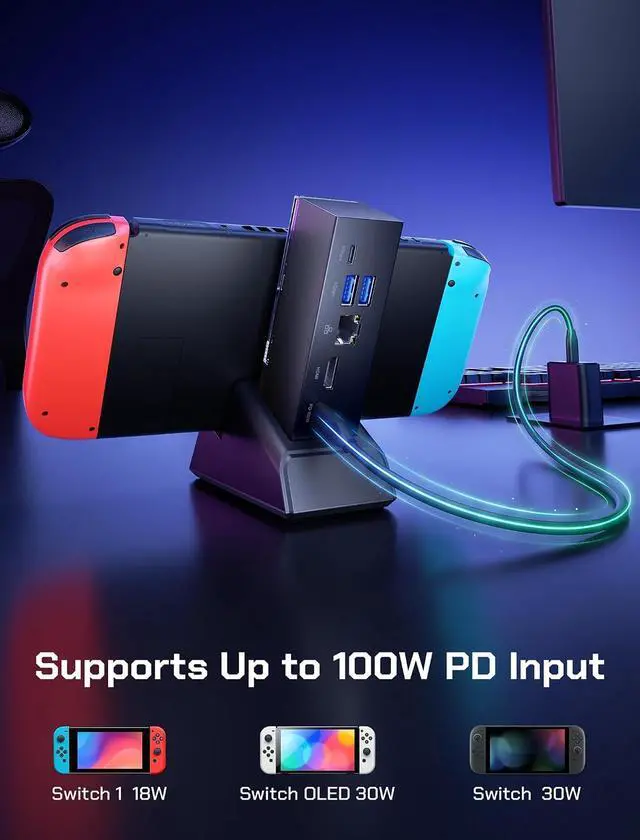 Alt view image 7 of 7 - Docking Station for Switch, 7-in-1 Portable TV Dock with 4K@120Hz HDMI, Gigabit Ethernet, USB A and USB C 3.1, 100W PD Charging, Travel Dock Compatible with Switch - HB0704