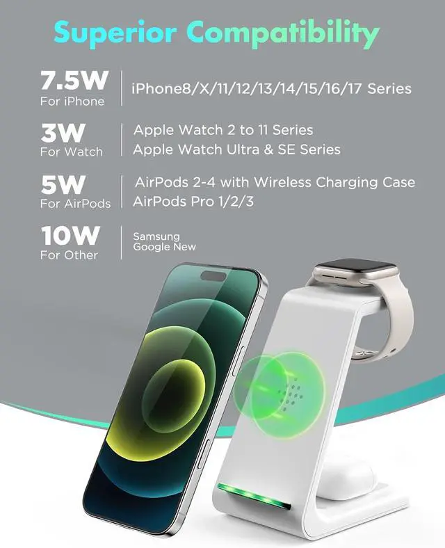 Alt view image 2 of 7 - 3 in 1 Wireless Charging Station, 2026 Upgraded Fast Desk Charger Station for iPhone 17 16 15 14 13 12 Pro Max Plus, Charger Stand for Apple Watch 11 10 9 8 7 6 5 4 3 2 Ultra SE, Airpods 4 3 2 Pro