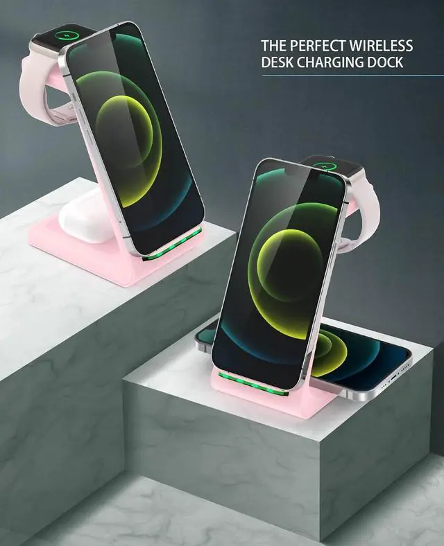 Alt view image 7 of 7 - 3 in 1 Wireless Charging Station, 2026 Upgraded Fast Desk Charger Station for iPhone 17 16 15 14 13 12 Pro Max Plus, Charger Stand for Apple Watch 10 9 8 7 6 5 4 3 2 SE, Airpods 4 3 2 Pro(Pink)