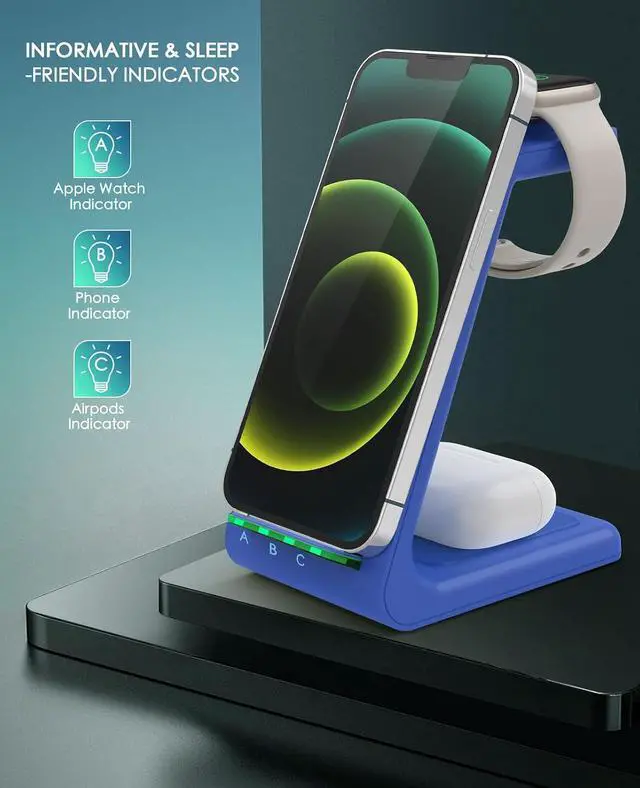 Alt view image 4 of 7 - 3 in 1 Wireless Charging Station, 2026 Upgraded Fast Desk Charger Station for iPhone 17 16 15 14 13 12 Pro Max Plus, Charger Stand for Apple Watch 10 9 8 7 6 5 4 3 2 SE, Airpods 4 3 2 Pro(Blue)