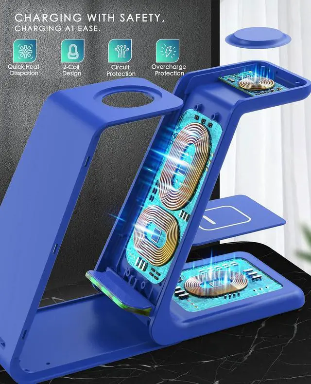 Alt view image 5 of 7 - 3 in 1 Wireless Charging Station, 2026 Upgraded Fast Desk Charger Station for iPhone 17 16 15 14 13 12 Pro Max Plus, Charger Stand for Apple Watch 10 9 8 7 6 5 4 3 2 SE, Airpods 4 3 2 Pro(Blue)