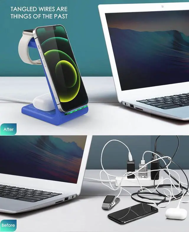 Alt view image 6 of 7 - 3 in 1 Wireless Charging Station, 2026 Upgraded Fast Desk Charger Station for iPhone 17 16 15 14 13 12 Pro Max Plus, Charger Stand for Apple Watch 10 9 8 7 6 5 4 3 2 SE, Airpods 4 3 2 Pro(Blue)