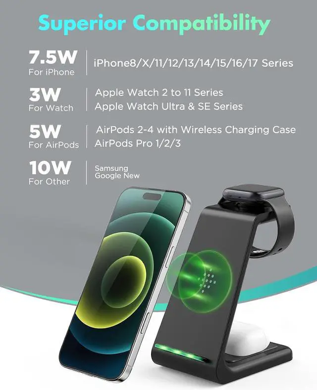 Alt view image 2 of 7 - 3 in 1 Wireless Charging Station, 2026 Upgraded Fast Desk Charger Station for iPhone 17 16 15 14 13 12 Pro Max Plus, Charger Stand for Apple Watch 10 9 8 7 6 5 4 3 2 SE, Airpods 4 3 2 Pro(Black)