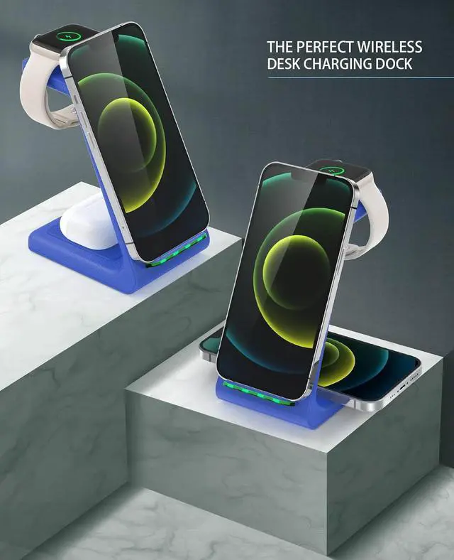 Alt view image 7 of 7 - 3 in 1 Wireless Charging Station, 2026 Upgraded Fast Desk Charger Station for iPhone 17 16 15 14 13 12 Pro Max Plus, Charger Stand for Apple Watch 10 9 8 7 6 5 4 3 2 SE, Airpods 4 3 2 Pro(Blue)