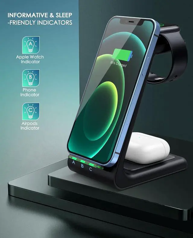 Alt view image 4 of 7 - 3 in 1 Wireless Charging Station, 2026 Upgraded Fast Desk Charger Station for iPhone 17 16 15 14 13 12 Pro Max Plus, Charger Stand for Apple Watch 10 9 8 7 6 5 4 3 2 SE, Airpods 4 3 2 Pro(Black)
